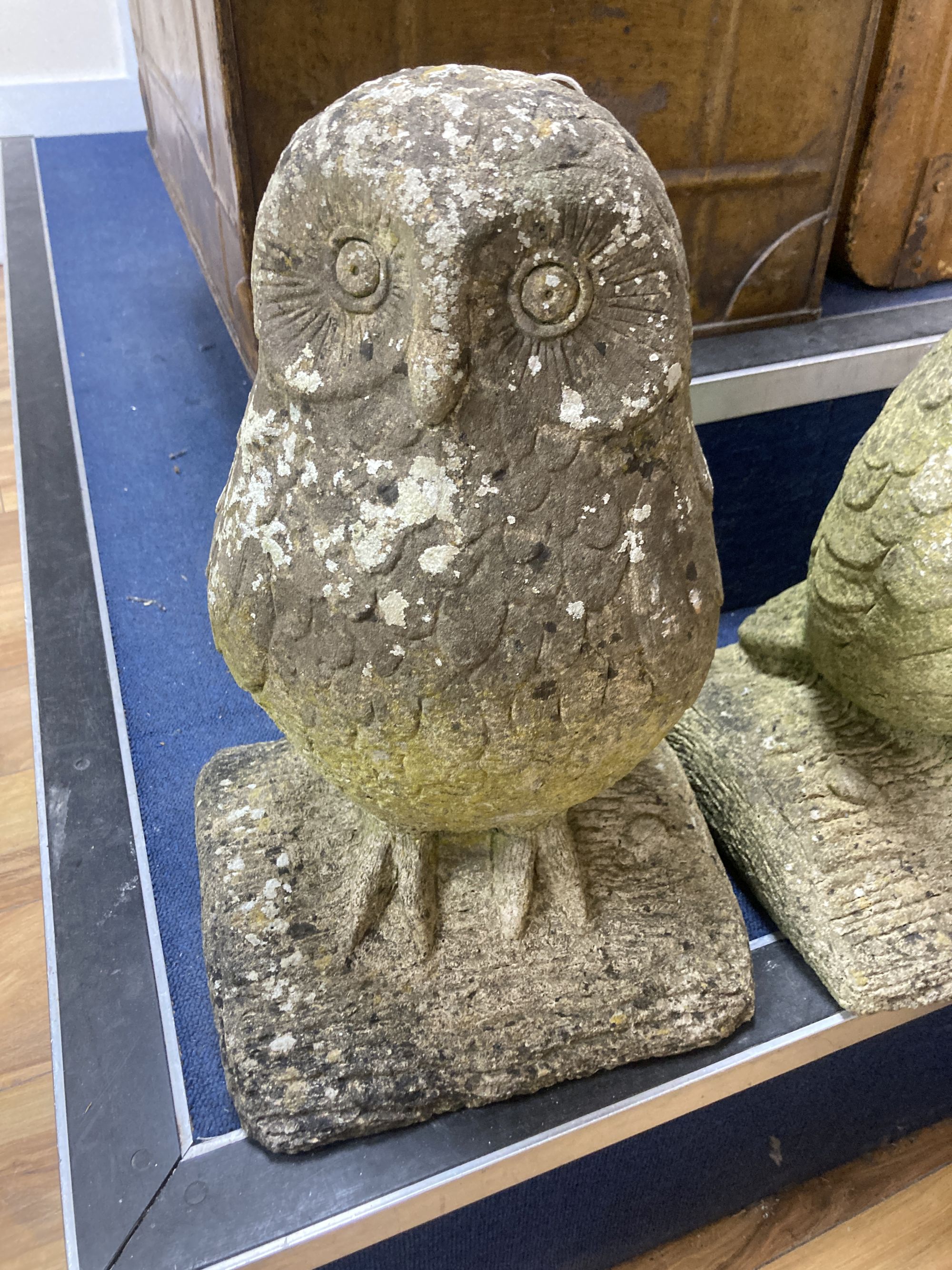 A pair of reconstituted stone owl garden ornaments, height 46cm